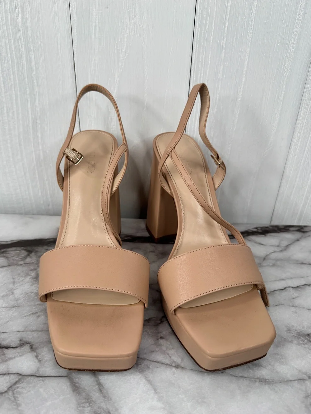 Open Edit Neutral Tan Platform Block Heel Slingback Sandals 8.5
